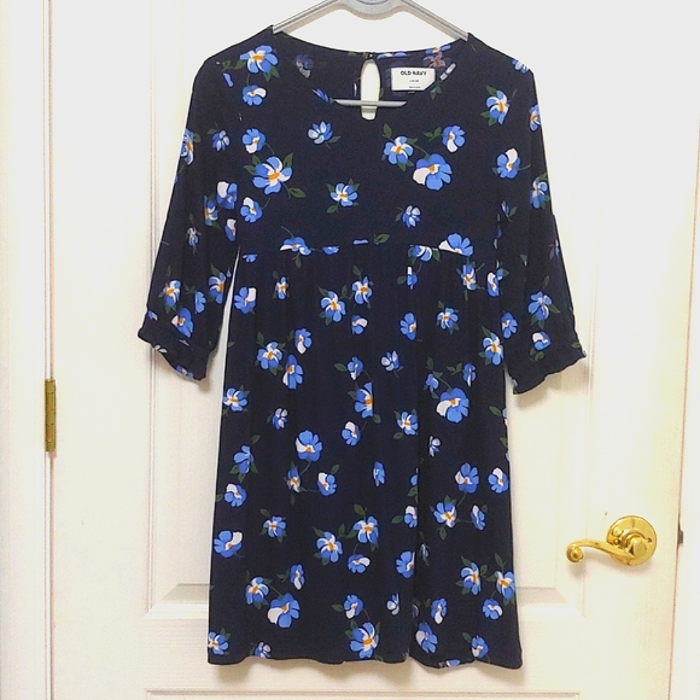 OLD NAVY Girls Navy Blue Floral Dress. Keyhole back. Large 10-12